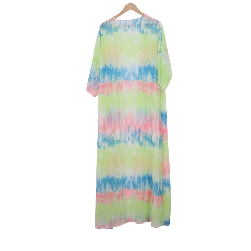 Multicolor Tie Dye Maxi Duster Cardigan Open Front Short Sleeve 2XL - Picture 5 of 6